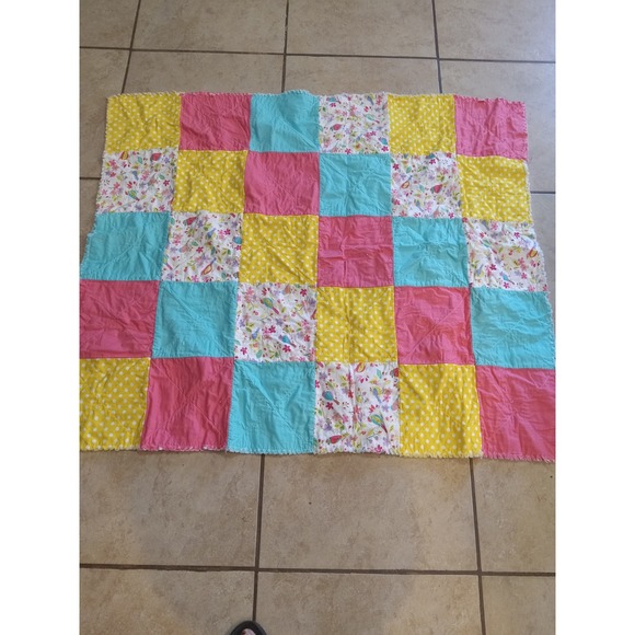 Handmade Other - Handmade Patchwork Rag Quilt Pink Yellow Turquoise Bird Floral Polka Dot Throw